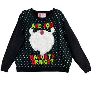 Ugly Christmas Sweater Are You Naughty or Nice Sequin Furry Women Black Size XXL